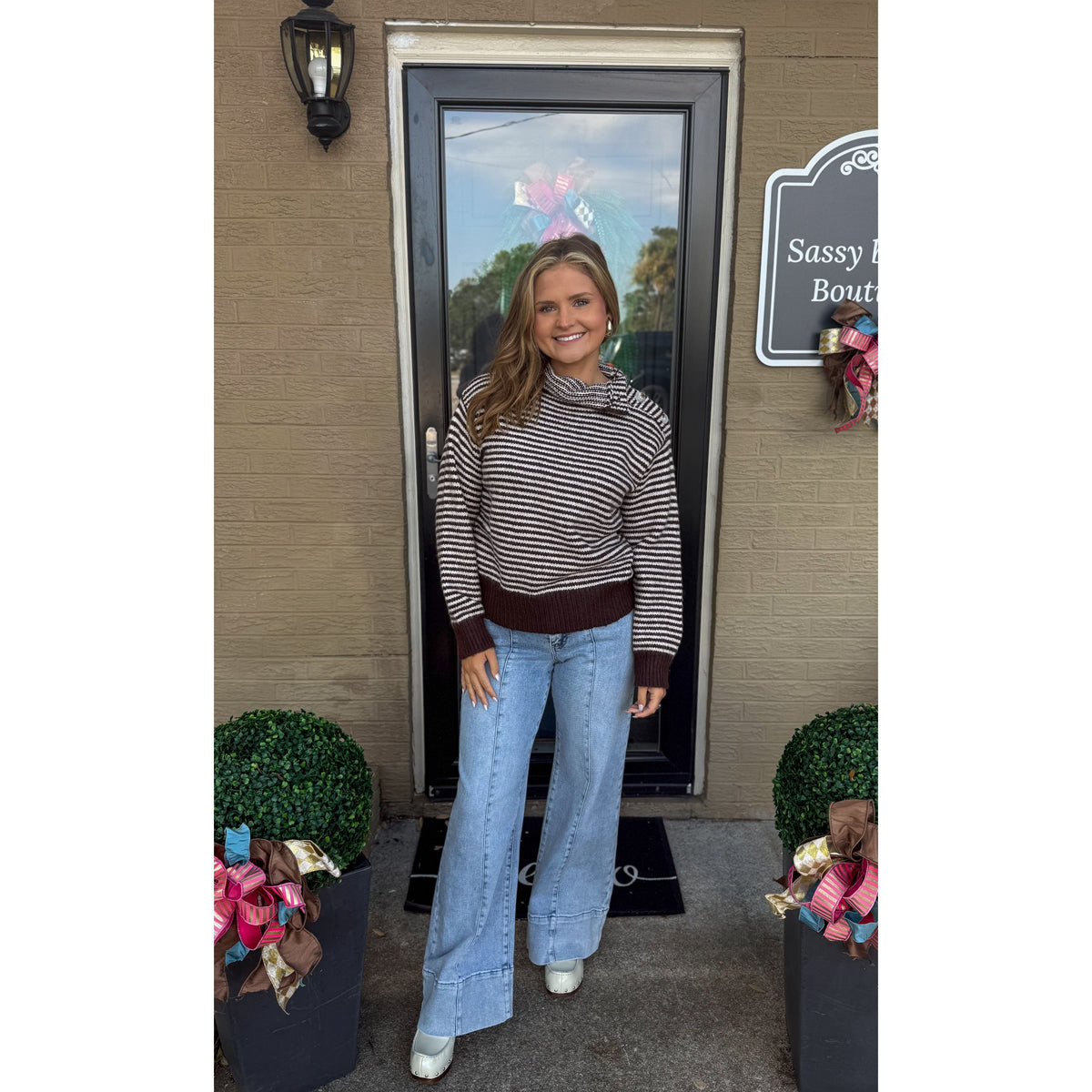 Claire Striped Sweater, Brown/Ivory