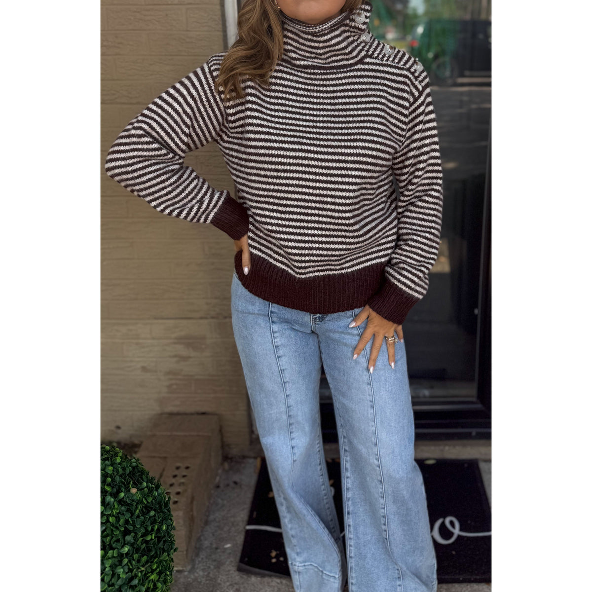 Claire Striped Sweater, Brown/Ivory