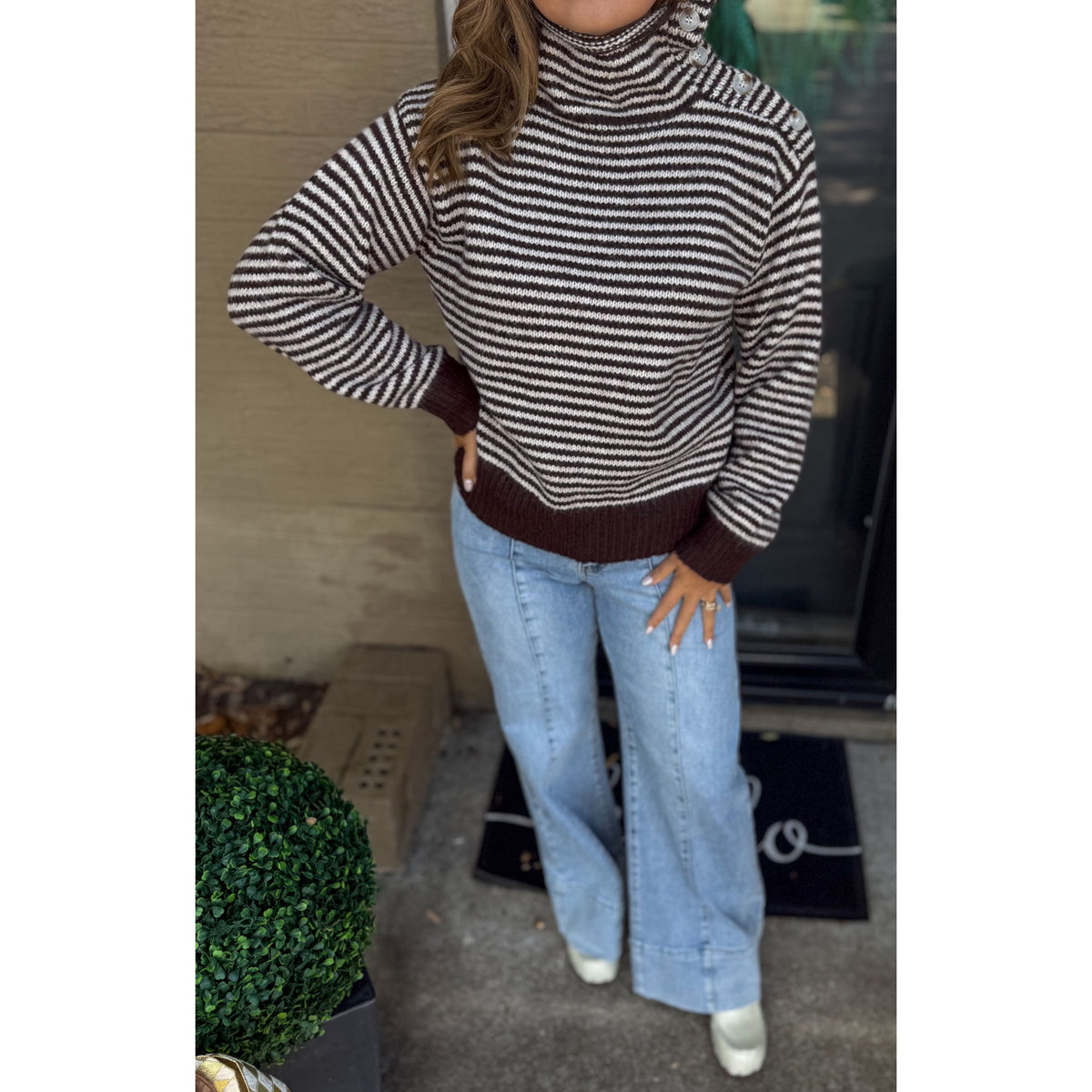Claire Striped Sweater, Brown/Ivory