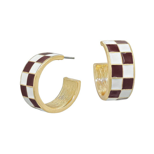 Maroon and White Checkered Hoop Earring